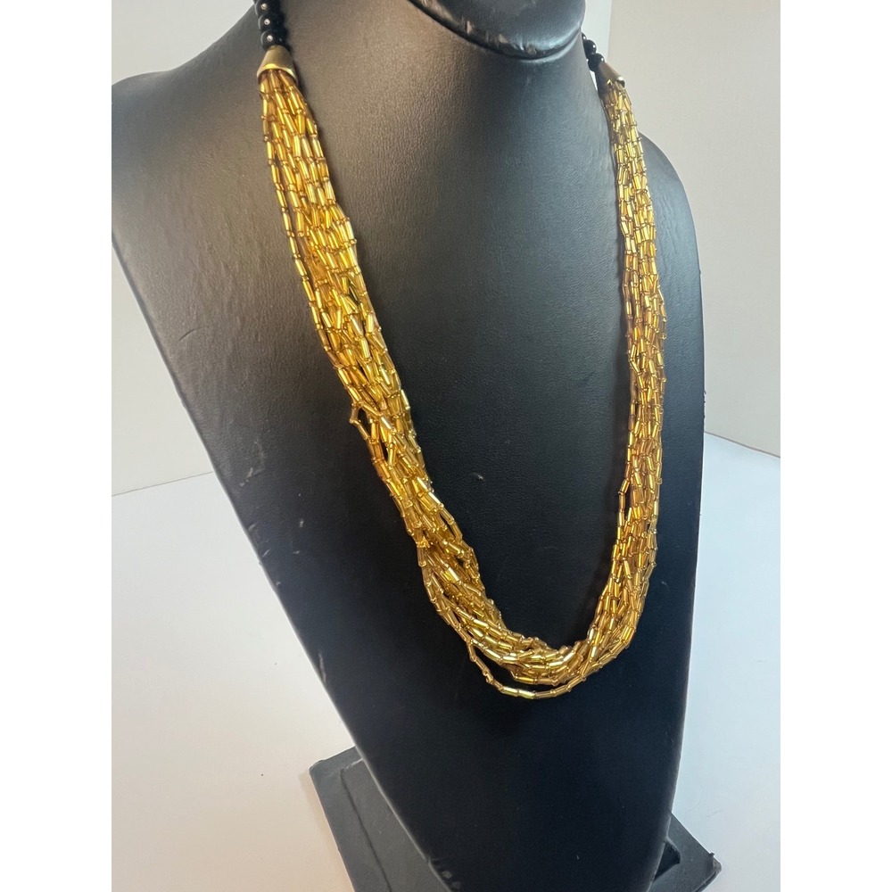 Vintage Gold Bugle Bead Multi Strand Necklace Black Accent Hook Clasp 24 Inch